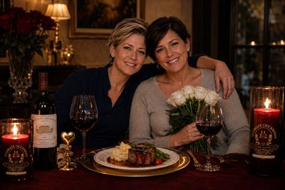 Two women sharing a cozy dinner with wine, roses, and candles.