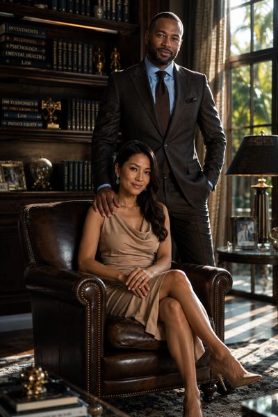 Elegant couple in a sophisticated office setting, dressed formally and posing confidently.