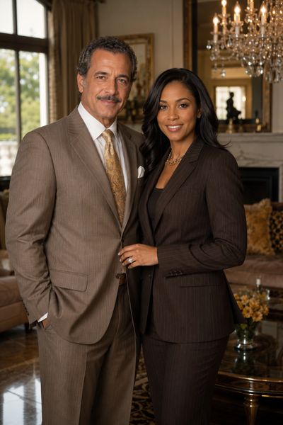 A professionally dressed couple posing confidently indoors.