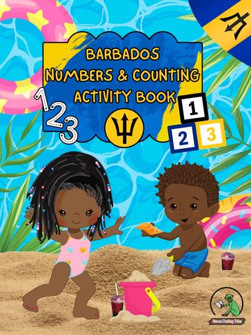 Colorful Barbados numbers and counting activity book with kids playing in sand.
