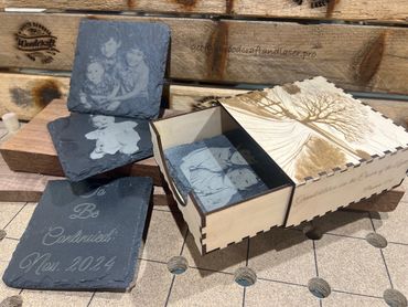 Slate coasters, personalized engravings x 4, laser cut box with engraving, $45.00