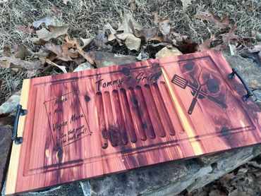 Large cedar grilling tray, handles and personalized engravings. $105.00