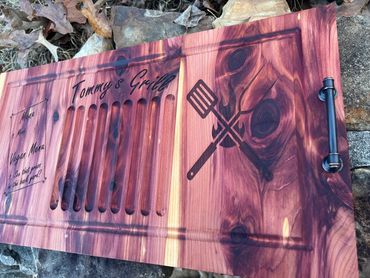 Large cedar grilling tray with metal handles and personalized engravings, $105.00
