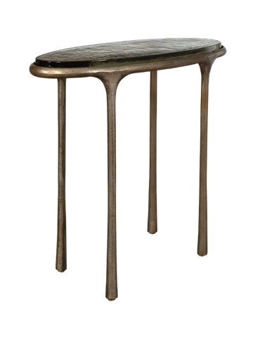 Modern concrete console table with geometric cut-out design.