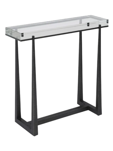Modern concrete console table with geometric cut-out design.