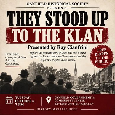 Event poster for 'They Stood Up to the Klan' by Ray Cianfrini in Oakfield, NY.