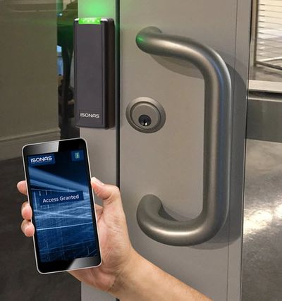 Isonas reader / controller unlocking a door with a mobile phone