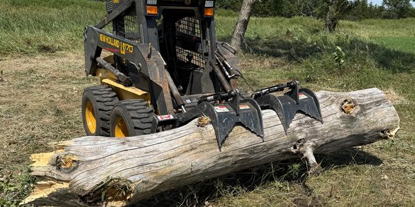 Skid loader hauling away large tree trunk