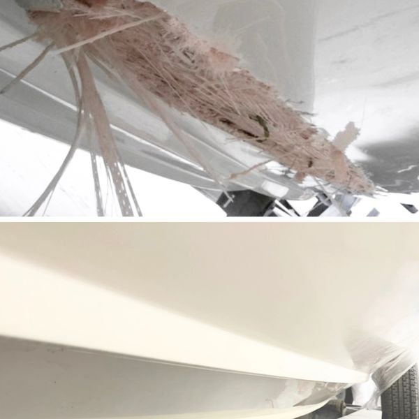 Before and after image of a car's body repair showing damaged and restored areas.