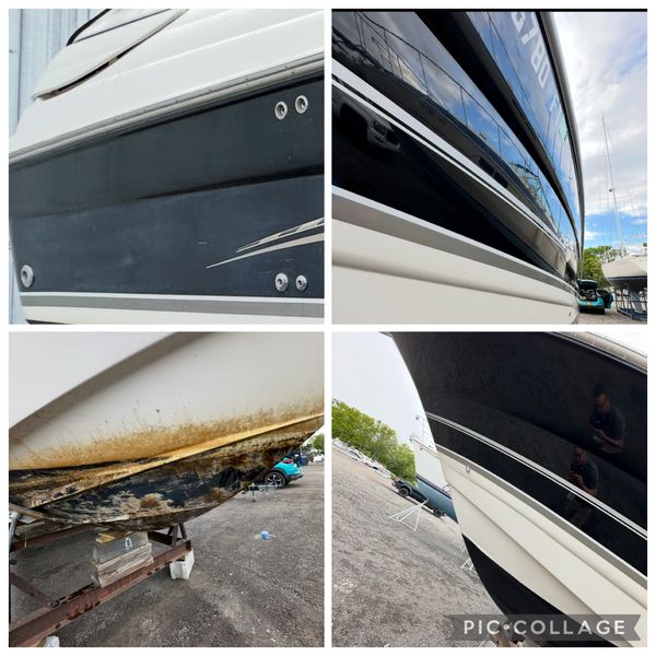 Boat hull before and after cleaning and polishing.