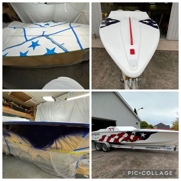 A speedboat being painted with an American flag design.