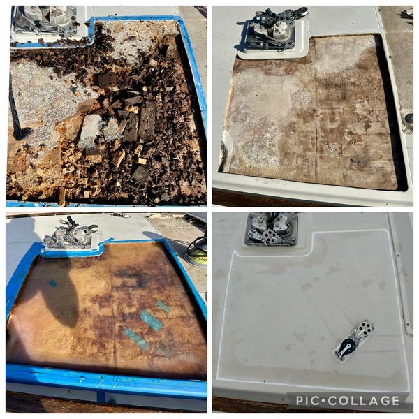 Step-by-step restoration of a boat deck section from rot to clean finish.
