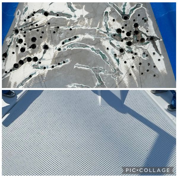 Before and after images of a boat deck showing damage and repair.