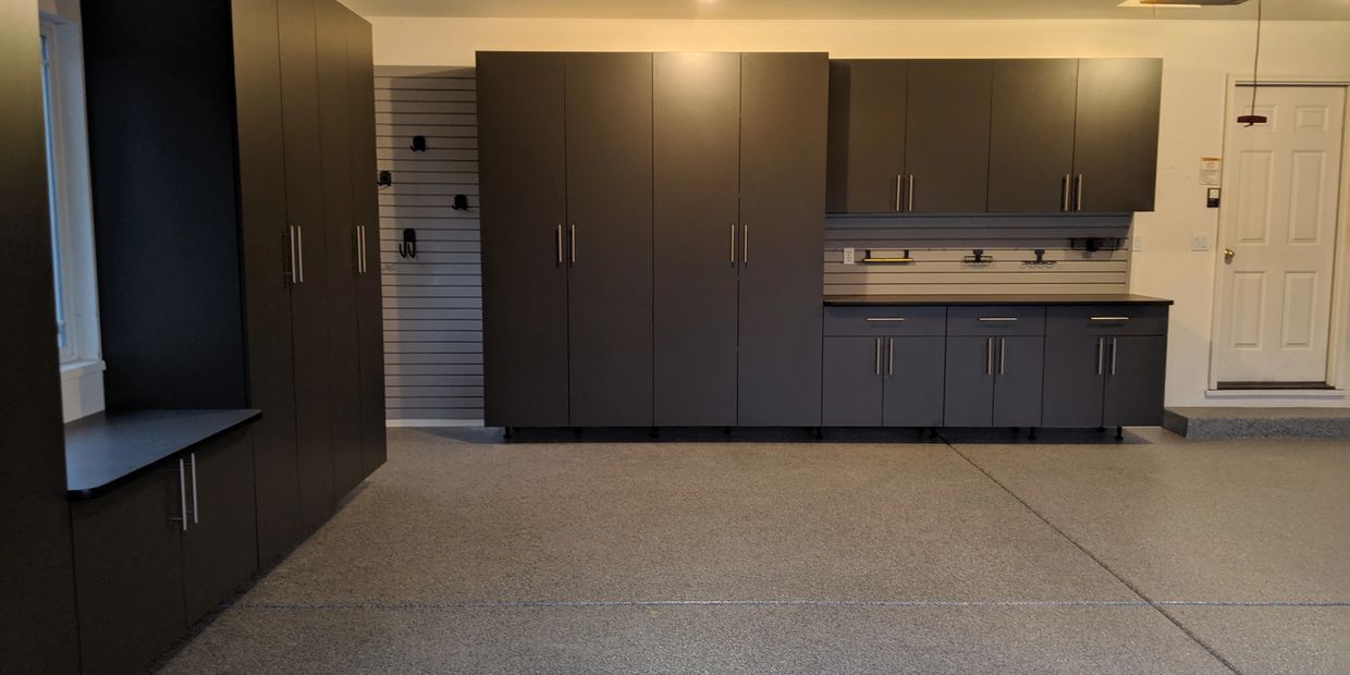 Slate Garage Cabinets, Slatwall, and a Garage Floor Coating