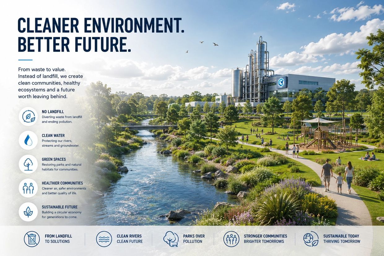 Environmental message promoting a cleaner future with green spaces and clean water.