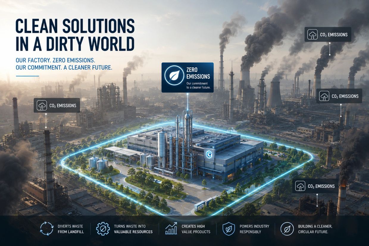 Clean factory with zero emissions in a polluted industrial area.