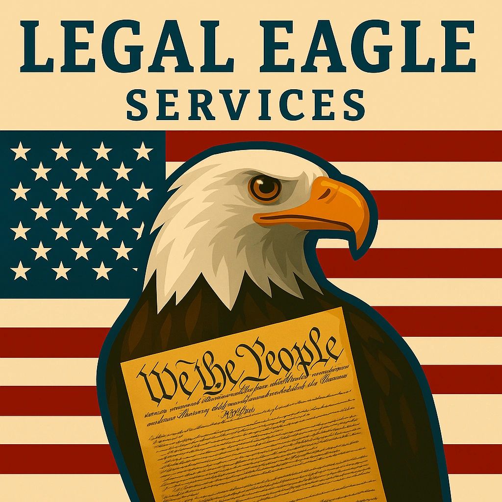 Illustration of an eagle holding a 'We the People' document with American flag background.
