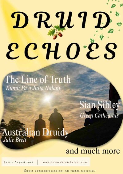 Cover of Druid Echoes magazine with nature-themed articles and silhouettes.