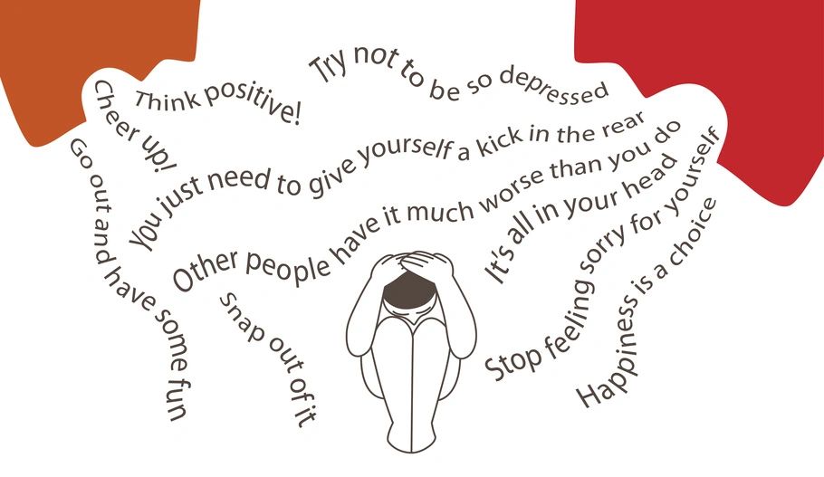 Phrases of dismissive advice surrounding a distressed figure.