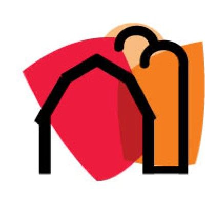 Abstract logo with barn and silo shapes in red and orange.