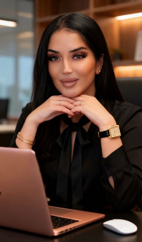Confident woman with long black hair sitting at a desk with a laptop, smiling.