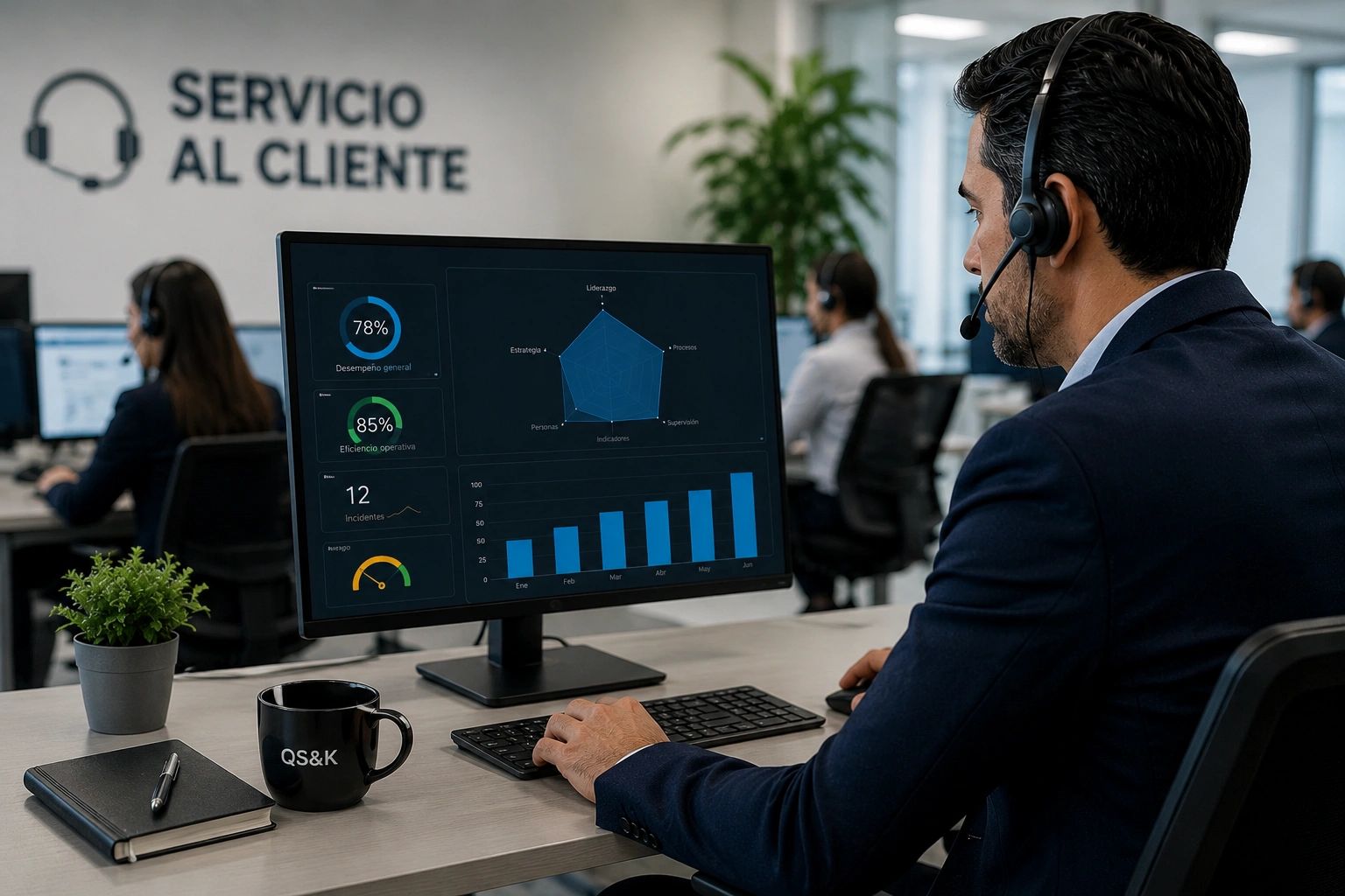 Hombre con auriculares trabaja en servicio al cliente con gráficos de desempeño en pantalla.