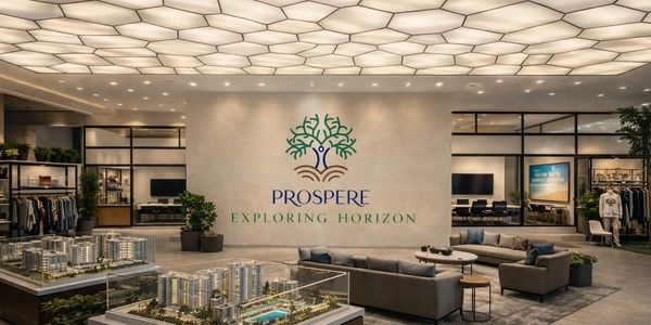 Modern real estate showroom with architectural models and comfortable seating area.