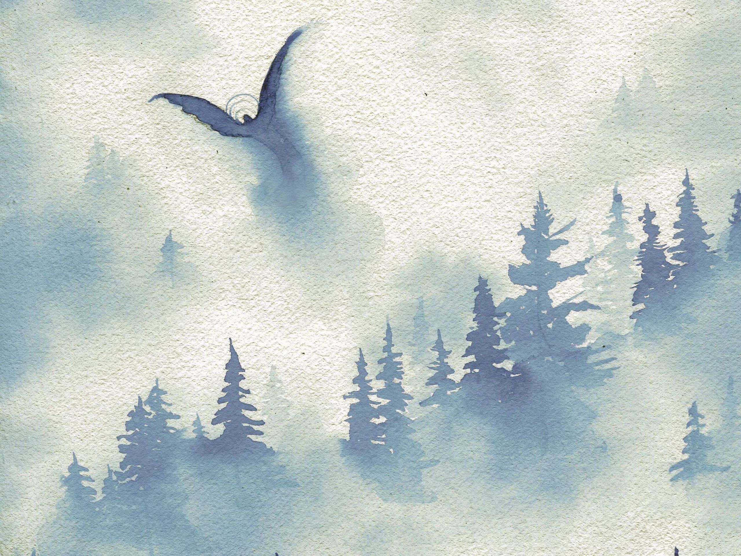 Angel flying through the misty mountains.