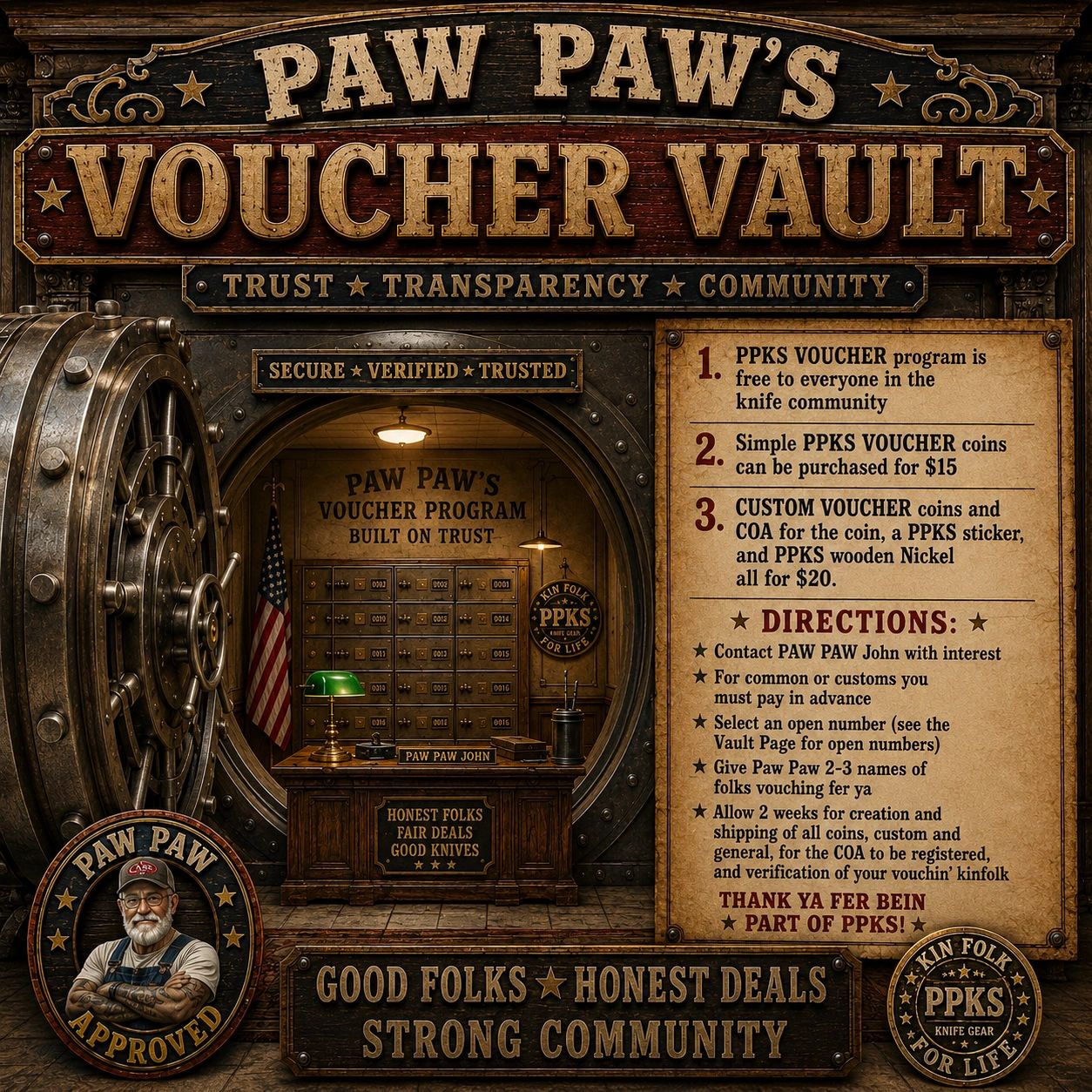 Vintage-style vault sign for Paw Paw's Voucher program.