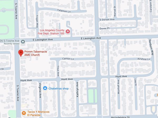 Map showing Primm Tabernacle AME Church and nearby streets in Los Angeles.