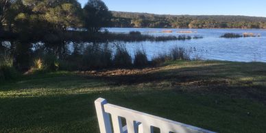 Lake Curalo, Eden, on a late Autumn afternoon.  Sun sinking, dogs on lead, walking with my love.