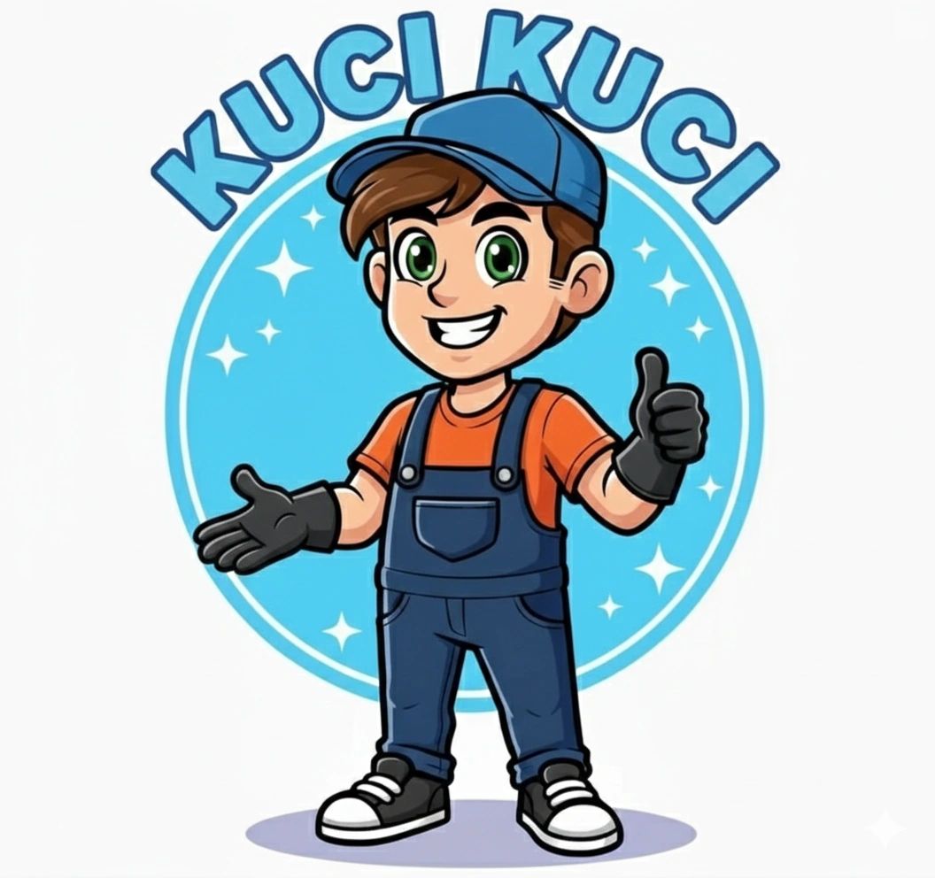 Friendly cartoon handyman giving thumbs up with the text 'Kuci Kuci'.