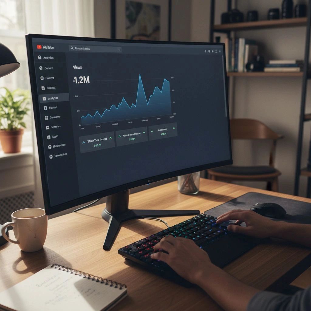 Person analyzing YouTube channel analytics on a desktop computer.