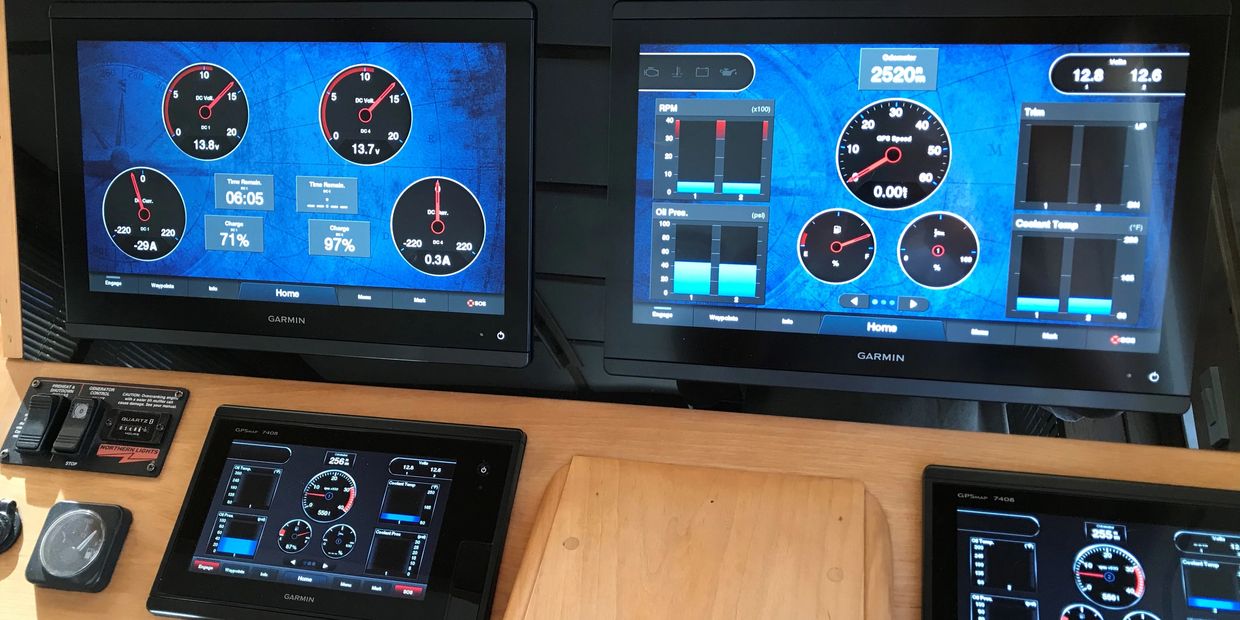 Sabre 42 Flybridge - Garmin Upgrade with Engine Data Interface and Voltage Monitoring. 