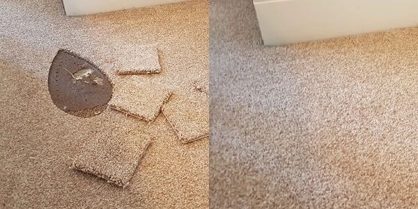 Left: small squares of spare carpet beside a deep iron burn; right: the same carpet is flawless