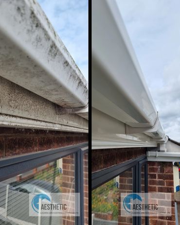 before and after picture of dirty gutters, now washed and cleaned in barnsley