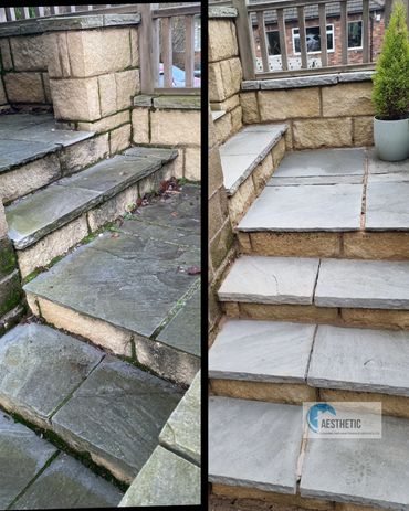 Pressure washing Indian Stone slippery steps in Barnsley