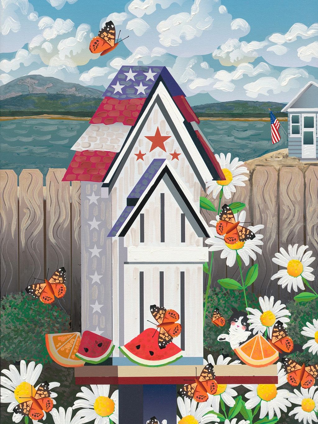 Summer butterfly house in beach ocean daisy garden with watermelon and orange slices.