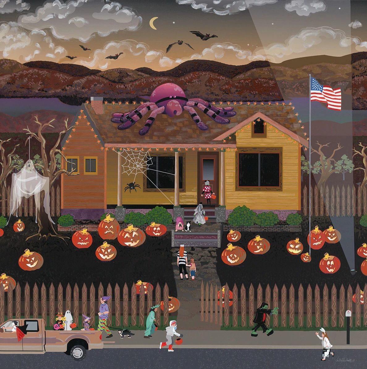 Modern-day Halloween celebration of trick-or-treaters jack o lanterns bats flying ghosts and a huge 