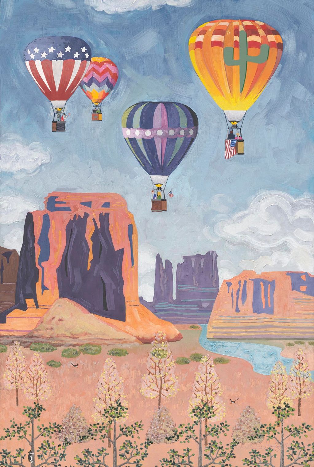 Hot air balloons flying over desert mountains.