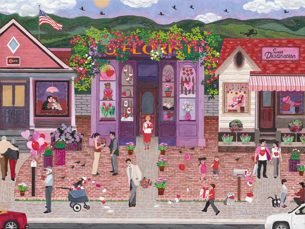 Valentine's sweetness, roses, and candy in this Valentine's pink storefront town landscape.