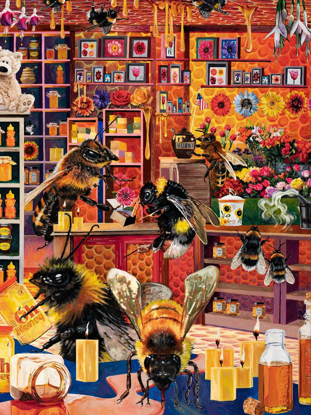 Imaginative painting of bees in a honeycomb boutique.