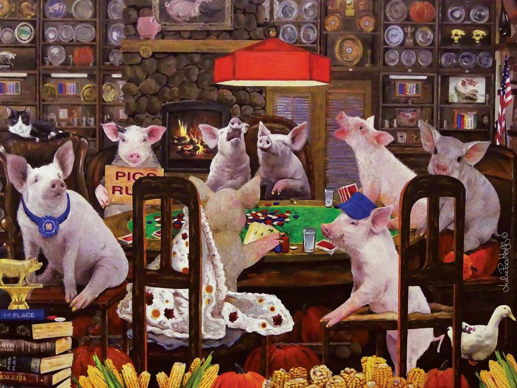 Pigs playing poker.