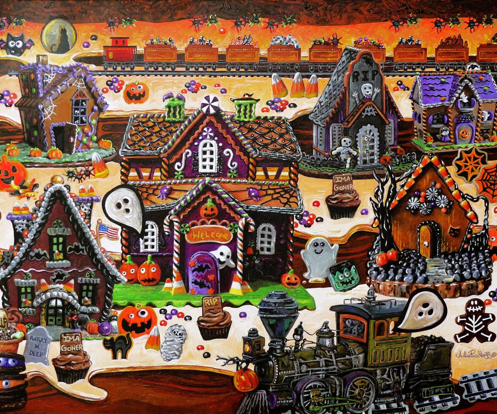 Halloween Haunted Cookie Town is a delicious American acrylic folk art painting.