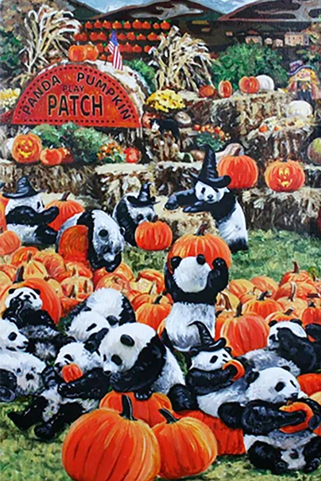 Pandas in witches' hats in a pumpkin patch playing.