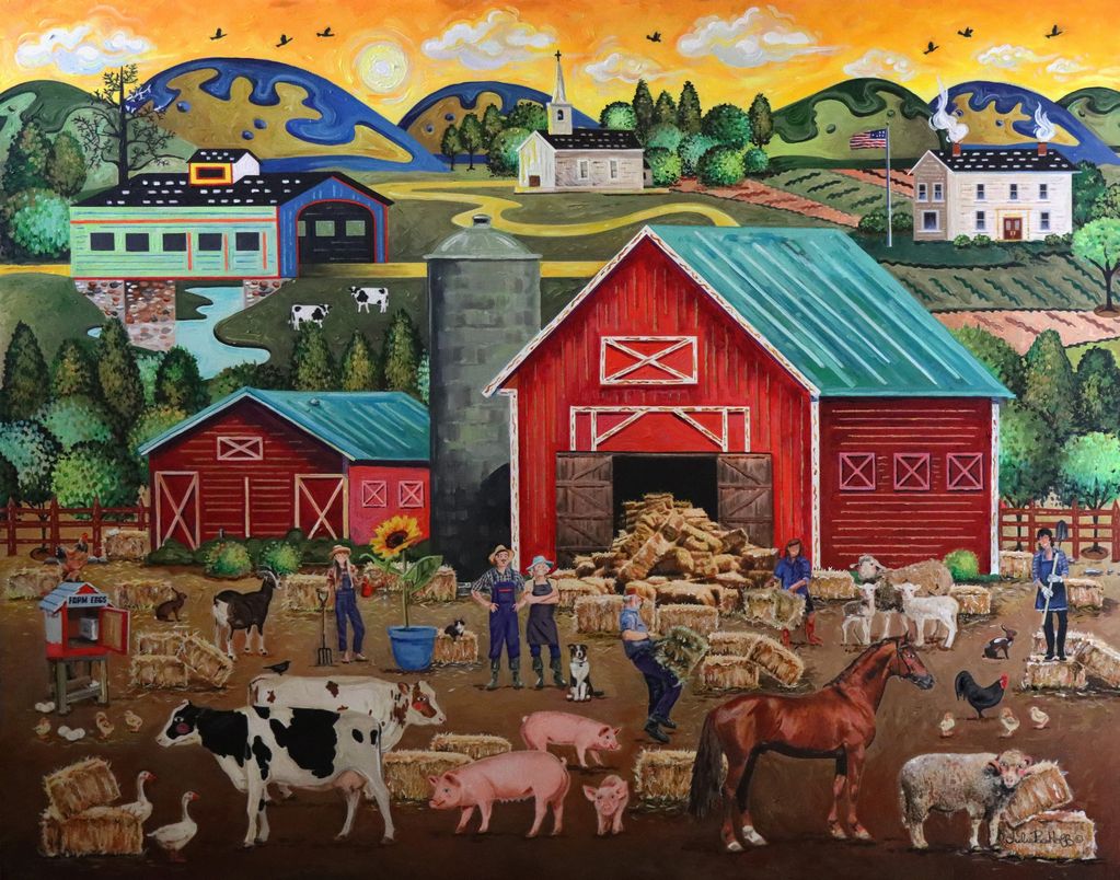 Hay barn with farm animals, cows, pigs, a horse, and a red barn.