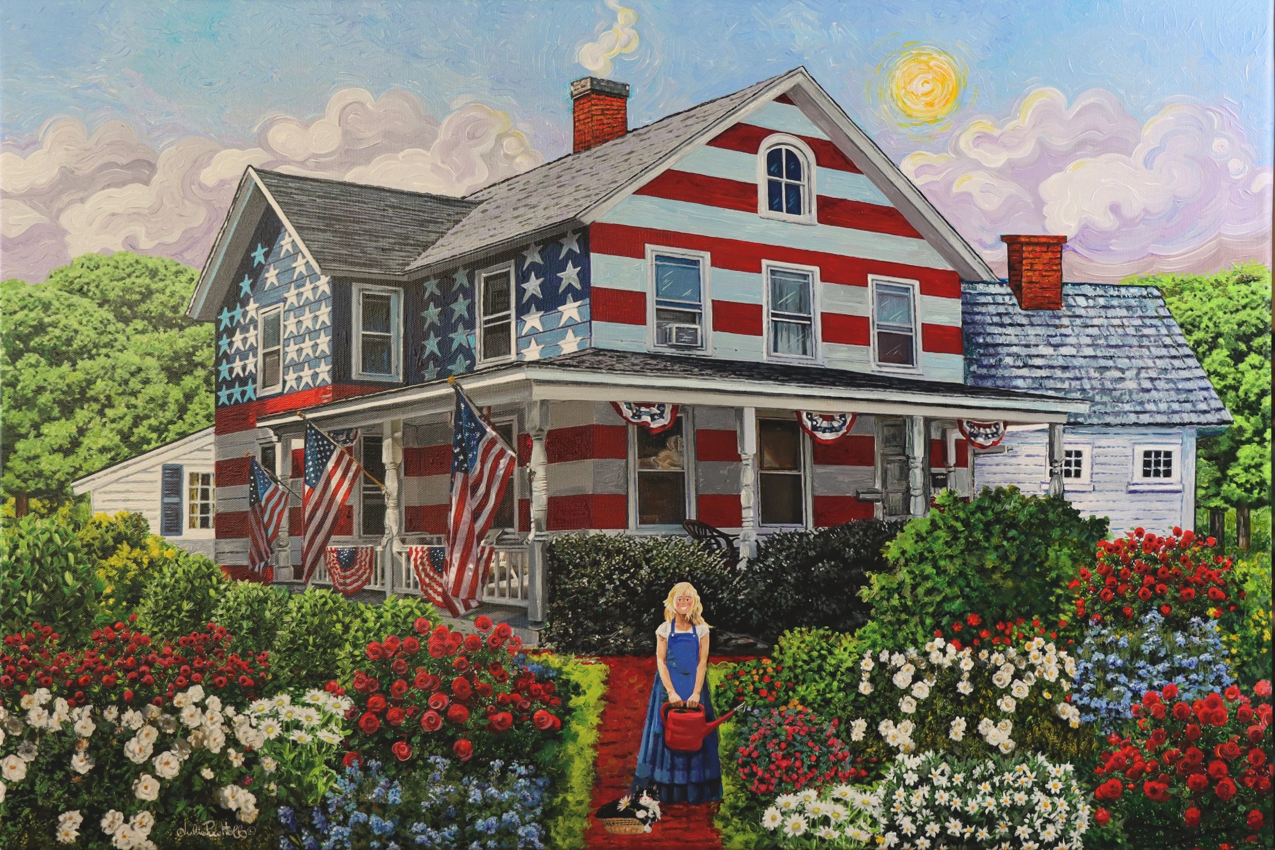 American flag wrapped home with a patriotic front yard garden.