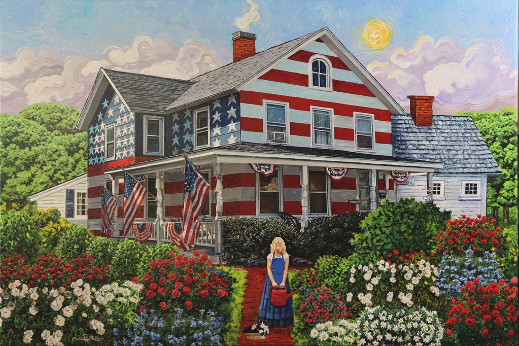 The American flag waves brightly from your front porch on the patriotic house and red, white, and, b