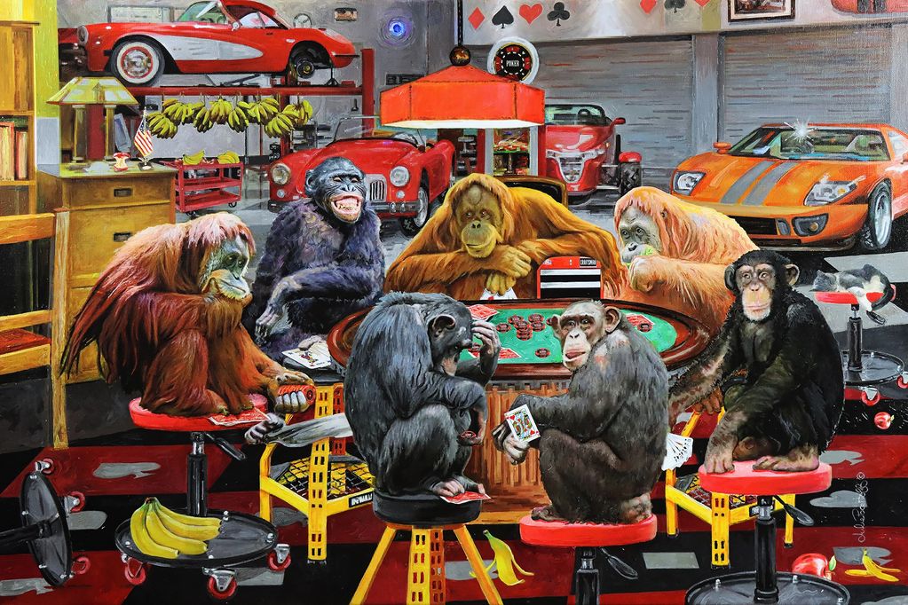 Monkeys play poker in the auto garage.