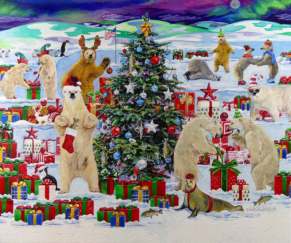 Polar bears celebrating Christmas at the North Pole.